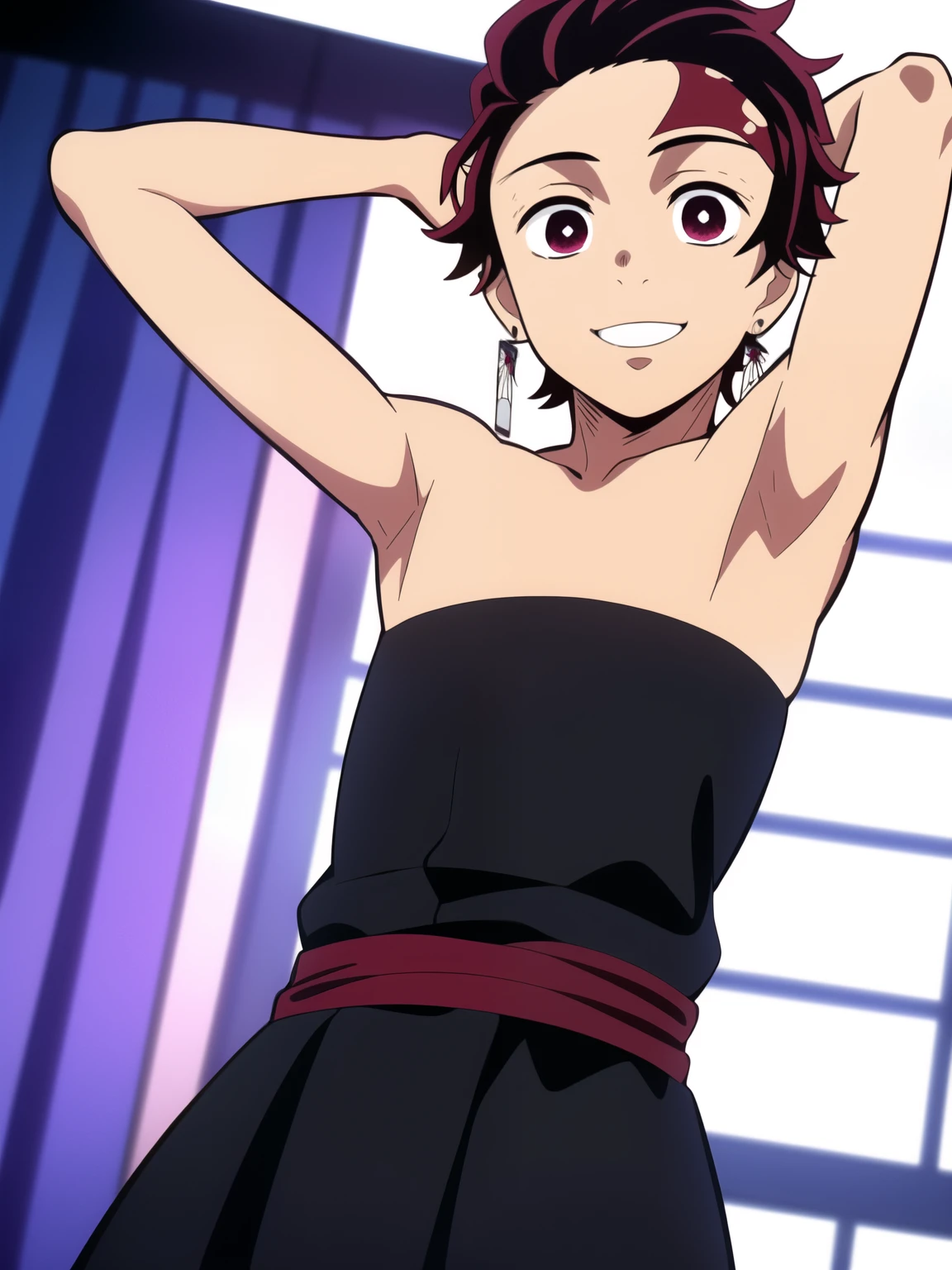 Highres, Masterpiece, Best quality at best,Best Quality,hight quality, hight detailed, Anime style, 1boy, Shota, young boy, Solo person, Kamado_tanjirou, red hair, earring, Strapless dress, smile, wedding, Seen from the front, Look at viewer, upper body, (very young boy), 12-year-old boys, (Showing armpit:1.3), The armpits of a 12 year old boy, Adorable little armpits, Give me a proportional picture of a 12 year old boy's armpits, Uhd, Bokeh