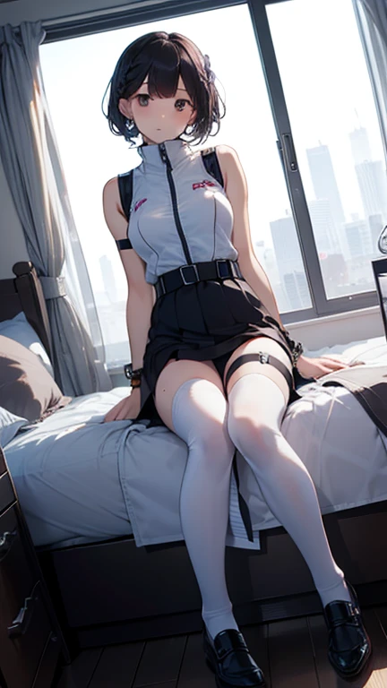 (Highest quality), (masterpiece), 1080P, High resolution, 4K, 8k, Thigh straps, Shooting from directly below, The woman on top of me, Nipples, 白いSweat, Covered , Sweat, Woman looking down, Micro Bikini, Skirt swimsuit, Thigh-high socks, To achieve this, , Small breasts, whole body, Black leather shoes, Braided hair, Inner Color, Embarrassed face, Short black hair, bracelet, Bedroom,celestial body_Vest