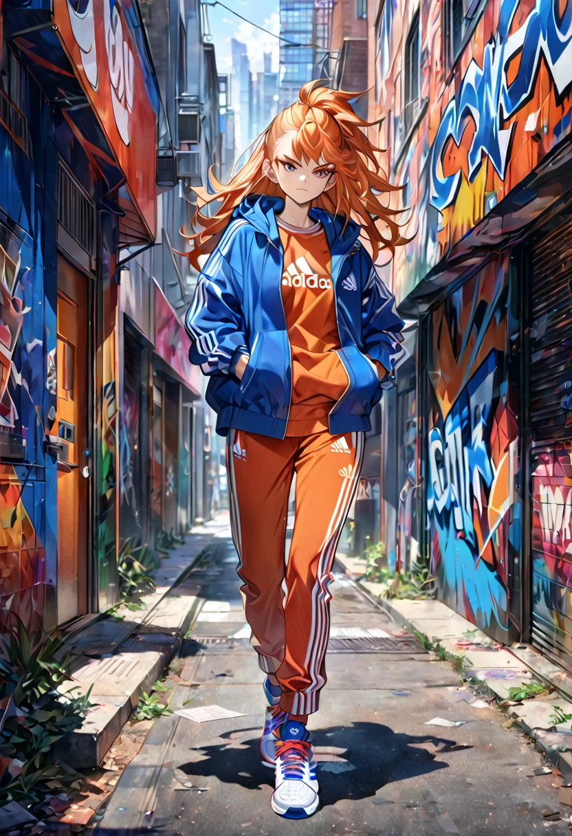 (masterpiece, 8K, UHD, high resolution: 1.4), Goku in urban style, (Adidas clothes: 1.3), (track pants, hooded jacket, cutting-edge sneakers: 1.3), (Goku's iconic hair: 1.2), (confident and determined expression: 1.2), (casual and stylish pose: 1.2), (urban background with graffiti and buildings: 1.1), (modern and vibrant atmosphere: 1.3), realistic and intricate details, (elements of streetwear fashion and pop culture: 1.2), (dynamic and contemporary perspective: 1.3)