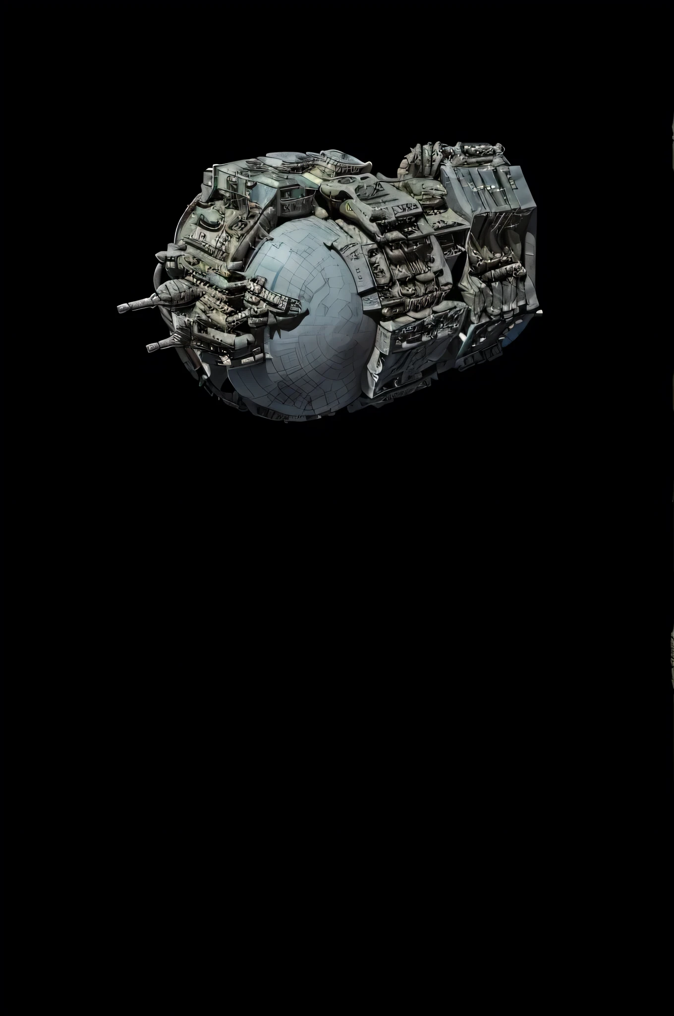 a battle moon space station surrounded by ship and space parts, masterpiece, best, photo realistic cinematic, hyper realistic battle moon, global space station fortress, industrial scrap around a space globe, truss segments, mechanical parts