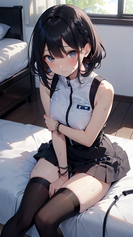 (Highest quality), (masterpiece), 1080P, High resolution, 4K, 8k, Thigh straps, Shooting from directly below, The woman on top of me, Nipples, 白いSweat, Covered , Sweat, Woman looking down, Micro Bikini, Skirt swimsuit, Thigh-high socks, To achieve this, , Small breasts, whole body, Black leather shoes, Braided hair, Inner Color, Embarrassed face, Short black hair, bracelet, Bedroom,celestial body_Vest
