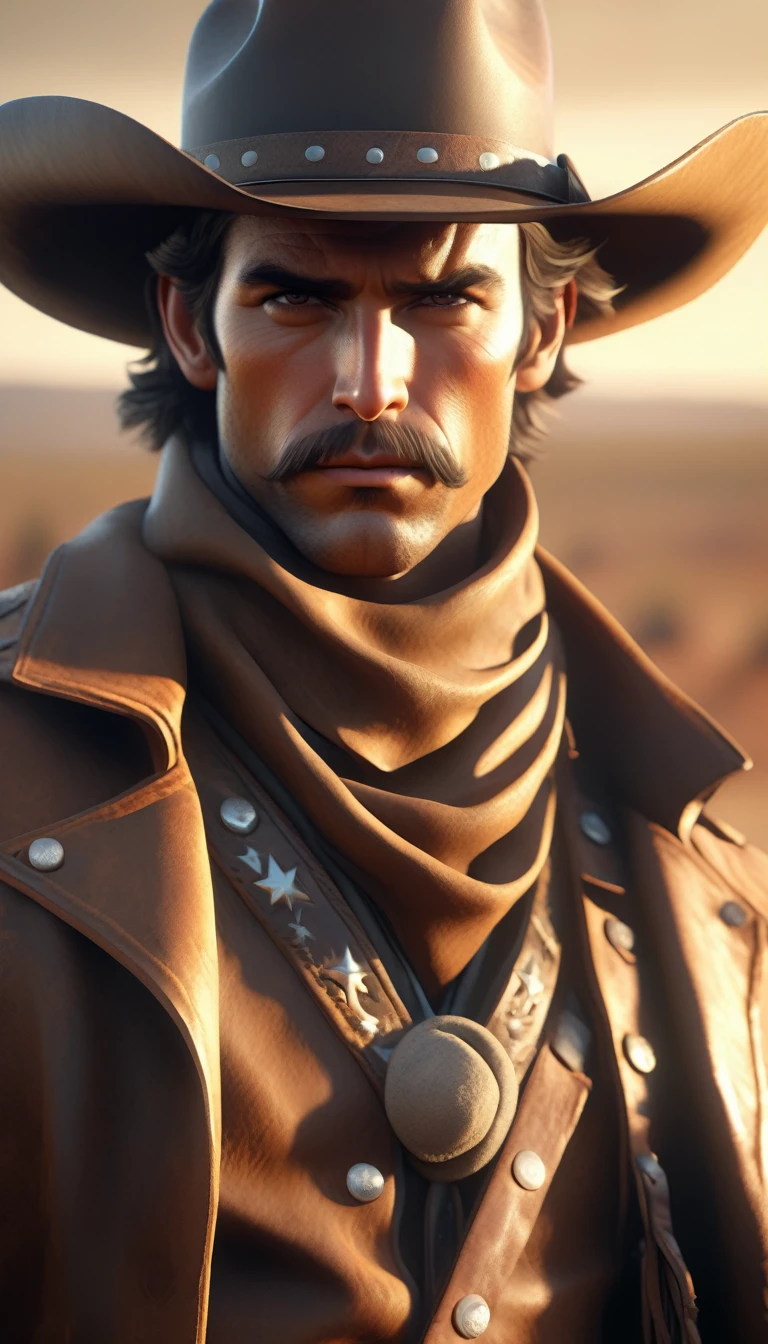 a cowboy in a vintage style, digital art, ((detailed portrait of a cowboy)), cowboy hat, rugged face, serious expression, leather jacket, lasso, wide open landscape, dramatic lighting, warm color tones, muted color palette, (masterpiece:1.2), hyper detailed, cinematic, photorealistic, unreal engine, 8k