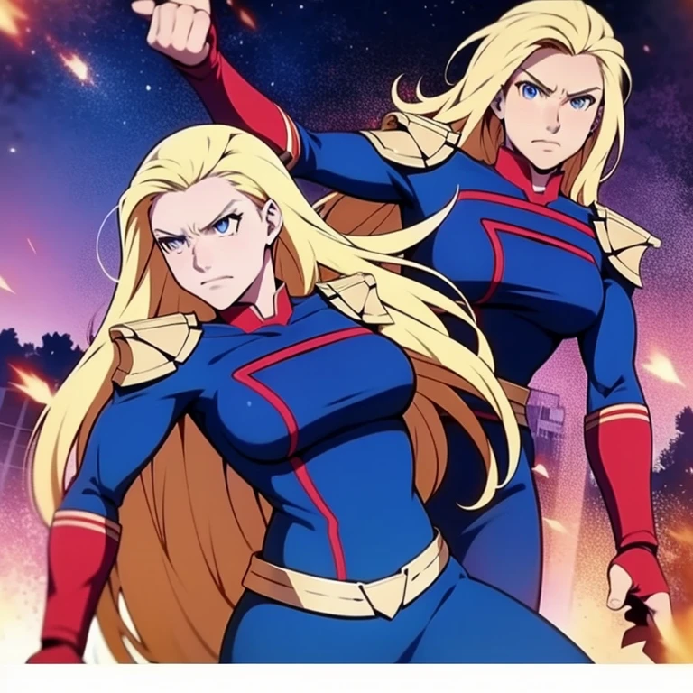  Anime style , homelander , very  long blonde hair,  angry face , medium  breasts ,hero uniform,  skirt , flying