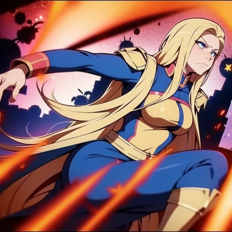  Anime style , homelander , very  long blonde hair,  angry face , medium  breasts ,hero uniform,  skirt , flying