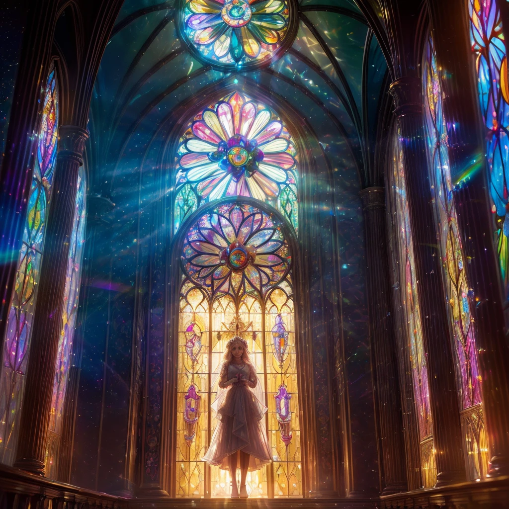  (Cathedral from below:1.28) (ZoomLayer) TopQuality 8K masterpiece of ((Professional photo)), (((Clarisse de Cagliostro))) (Detailed White WeddingDresses), Chain, (((Extremely detailed KAWAII face))) {((VeiledFace))|BlondeHair|(Elaborate BuleEyes)with(SparklingHighlights:1.28)}, The background is distant (((Elaborate stained glass))) Rainbow Glass, {(MysticSight)|EnchantingAtmosphere|Haze|(GodRays)|TyndallEffect}, Radiant PearlSkin with Transparency, (Exposed:0.39)