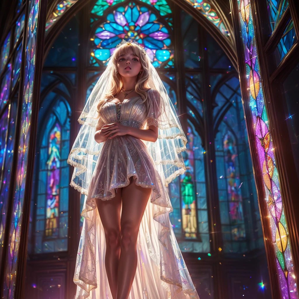 (Cathedral from below:1.28) (ZoomLayer) TopQuality 8K masterpiece of ((Professional photo)), (((Clarisse de Cagliostro))) (Detailed White WeddingDresses), Chain, (((Extremely detailed KAWAII face))) {((VeiledFace))|BlondeHair|(Elaborate BuleEyes)with(SparklingHighlights:1.28)}, The background is distant (((Elaborate stained glass))) Rainbow Glass, {(MysticSight)|EnchantingAtmosphere|Haze|(GodRays)|TyndallEffect}, Radiant PearlSkin with Transparency, (Exposed:0.39)