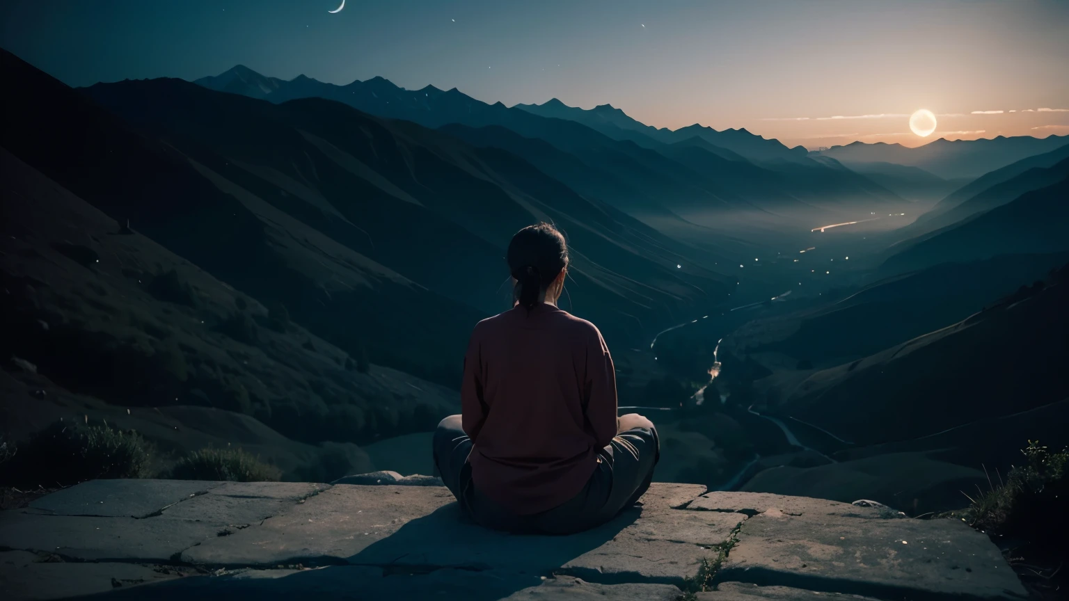 a person meditating. Loose Clothes. very detailed image Beautiful landscape of a valley illuminated by the night of a crescent moon. Feeling of great wisdom. Dreamlike and fantastic world. cinematic lighting.