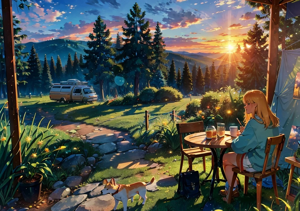 beautiful sunset, lover couples drinking coffee in chair facing the sun, BREAK (artwork, best quality:1.2), outdoors, Nature, forest, pine trees, grass, tall grass, detailed grass, plants, day, Clouds , caravan, dog, tent, cafe