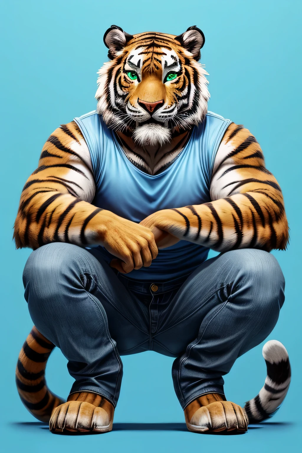 Male tiger pose Squat furry front below green eyes blue pink background jeans and sky blue shirts tail long