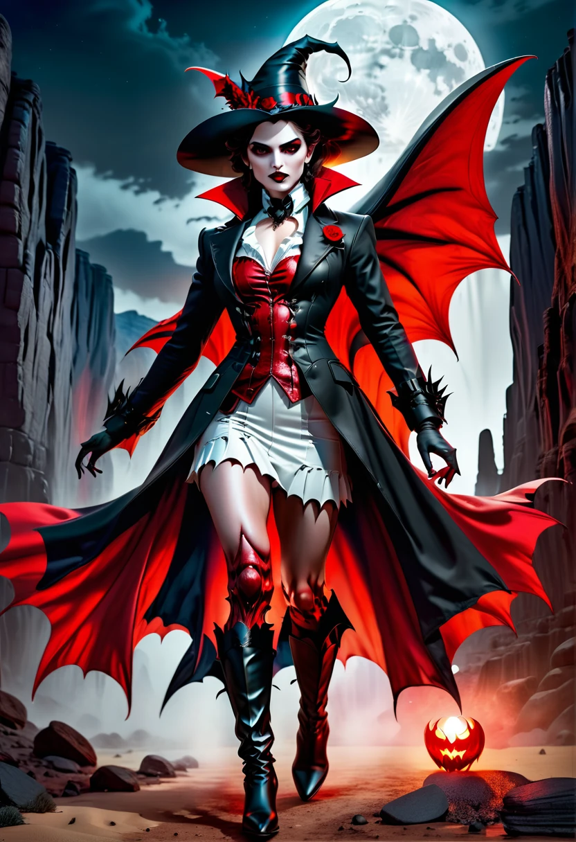 (Victorian photograph style: 1.5) picture of a female vampire cowboy in the desert night, a goth beauty, exquisite beautiful female vampire, ((anatomically correct: 1.5), (ultra detailed face: 1.2), best detailed face, red glowing eyes, full body, busty, wearing white bottom shirt, short skirt, dynamic color. wearing (cowboy hat: 1.2), wearing high heeled boots, wearing open black trench coat, flowing trench coat,  it is night time in the desert, moon light. moon rays, west America desert canyon background, Hyperrealism style, vibrant, Ultra-high resolution, High Contrast, (masterpiece:1.5), highest quality, Best aesthetics), best details, best quality, highres, ultra wide angle, 16k, [ultra detailed], masterpiece, best quality, (extremely detailed) RAW, chumbasket art style, rpg portrait photograph, BloodSoakedAI, victorianstyle