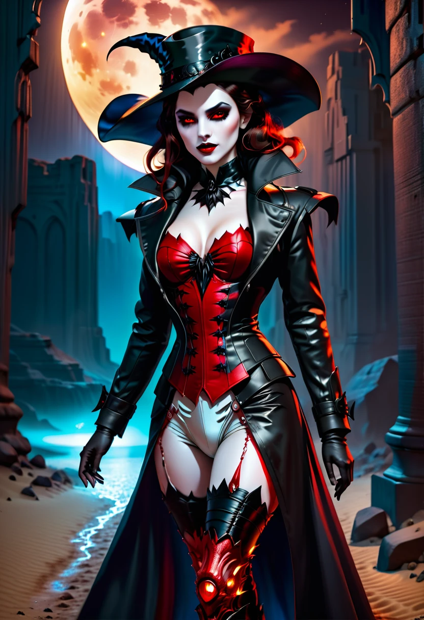 (Victorian photograph style: 1.5) picture of a female vampire cowboy in the desert night, a goth beauty, exquisite beautiful female vampire, ((anatomically correct: 1.5), (ultra detailed face: 1.2), best detailed face, red glowing eyes, full body, busty, wearing white bottom shirt, short skirt, dynamic color. wearing (cowboy hat: 1.2), wearing high heeled boots, wearing open black trench coat, flowing trench coat,  it is night time in the desert, moon light. moon rays, west America desert canyon background, Hyperrealism style, vibrant, Ultra-high resolution, High Contrast, (masterpiece:1.5), highest quality, Best aesthetics), best details, best quality, highres, ultra wide angle, 16k, [ultra detailed], masterpiece, best quality, (extremely detailed) RAW, chumbasket art style, rpg portrait photograph, BloodSoakedAI, victorianstyle