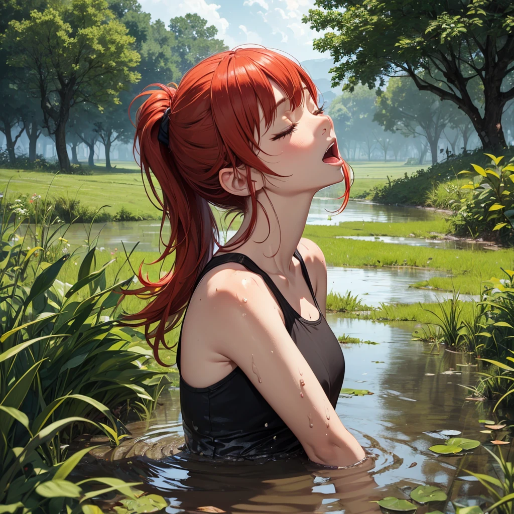 Ginger girl drowned in mud, bog, grass, trees, muck, orgasm, looking up, eyes closed, mouth open, stormy weather, Solo, From Side, wearing tank top, red hair in ponytail