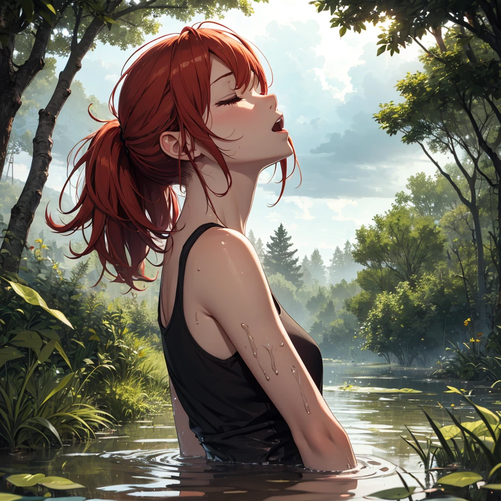 Ginger girl drowned in mud, bog, grass, trees, muck, orgasm, looking up, eyes closed, mouth open, stormy weather, Solo, From Side, wearing tank top, red hair in ponytail