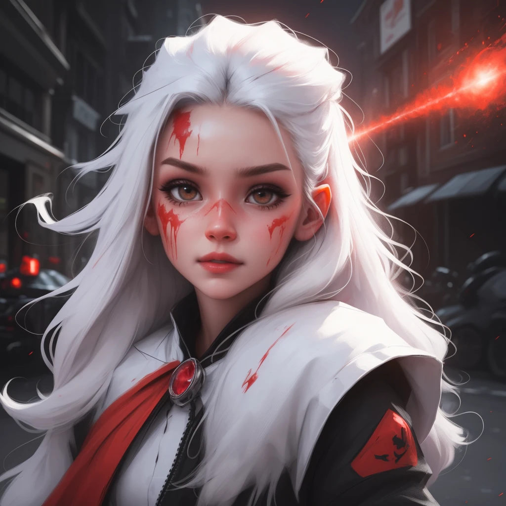 ruby core eyes, divinity, (Effect of blood particles around your head, Lots of blood effect) tattoo, make up, Passing night landscape, A beautiful girl with, UHD portrait, (high qualiy) (ultra details) Looking at the viewer in hip-hop style streetwear; different, fullcolor, very white and long hair 🌈