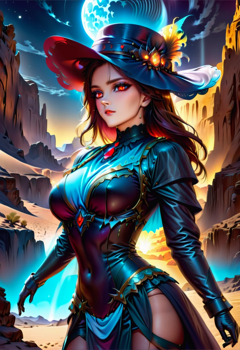 (Victorian photograph style: 1.5) picture of a female vampire cowboy in the desert night, a goth beauty, exquisite beautiful female vampire, ((anatomically correct: 1.5), (ultra detailed face: 1.2), best detailed face, red glowing eyes, full body, busty, wearing white bottom shirt, short skirt, dynamic color. wearing (cowboy hat: 1.2), wearing high heeled boots, wearing open black trench coat, flowing trench coat,  it is night time in the desert, moon light. moon rays, west America desert canyon background, Hyperrealism style, vibrant, Ultra-high resolution, High Contrast, (masterpiece:1.5), highest quality, Best aesthetics), best details, best quality, highres, ultra wide angle, 16k, [ultra detailed], masterpiece, best quality, (extremely detailed) RAW, chumbasket art style, rpg portrait photograph, BloodSoakedAI, victorianstyle