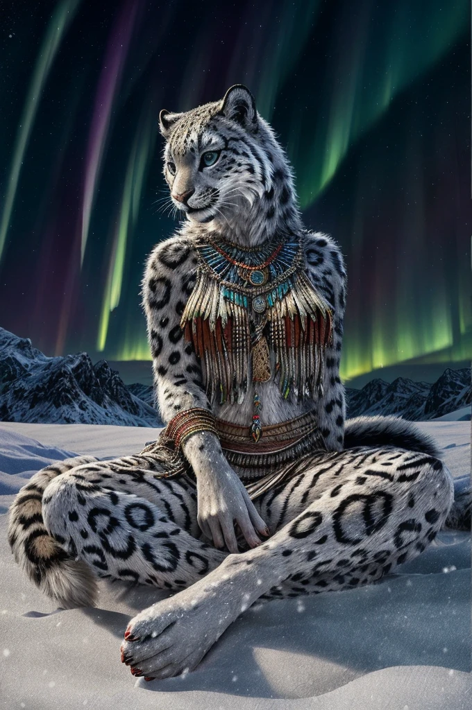 Snow Leopard, Humanity, furry, woman, woman, fur, detailed fur masterpiece, Highest quality, Digital Art, (Realistic:0.3), comics, Fine Lines, High resolution, Visually stunning (Detailed lighting, Depth of written boundary:0.9), Detailed Color, Vibrant colors, perfect hands, Fine hand (beautiful, cute, fluffy:1.2), Detailed body, 裸足の毛むくじゃらのキャラクターNice legs, Soles and pads, Raise one leg ,One girl,Person sitting barefoot in the snow, Nice legs, Soles and pads,smile,nature, Tribal accessories, Tribal costume, Colorful aurora borealis,Night