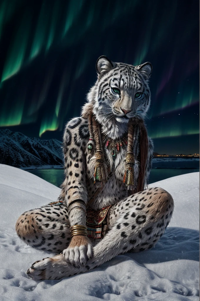 Snow Leopard, Humanity, furry, woman, woman, fur, detailed fur masterpiece, Highest quality, Digital Art, (Realistic:0.3), comics, Fine Lines, High resolution, Visually stunning (Detailed lighting, Depth of written boundary:0.9), Detailed Color, Vibrant colors, perfect hands, Fine hand (beautiful, cute, fluffy:1.2), Detailed body, 裸足の毛むくじゃらのキャラクターNice legs, Soles and pads, Raise one leg ,One girl,Person sitting barefoot in the snow, Nice legs, Soles and pads,smile,nature, Tribal accessories, Tribal costume, Colorful aurora borealis,Night