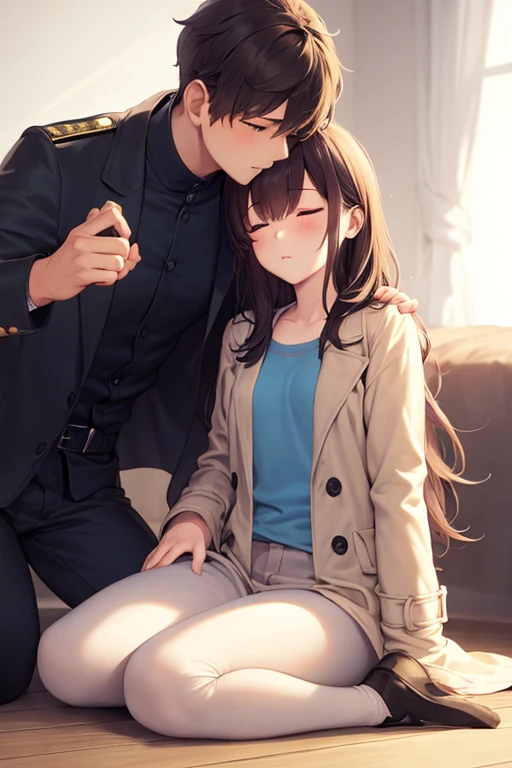 ((best quality)), ((masterpiece)), (detailed), a couple, a boy and a girl, 1 boy, full body, 19 years old, brown hair with white tips, somewhat long hair, bangs, green eyes, sleeping, tall and thin, thin, long beige trench coat, open trench coat, black fingerless gloves, white wristbands, white t-shirt with blue I-shaped emblem, letter I, black pants, 1 girl, full body, 19 years old, young adult, somewhat short, purple eyes, brown hair, somewhat wavy hair, long hair, lock of hair on forehead, asleep, blushing, scientist's coat, blue shirt, black pants, sitting on the floor, sleeping on the boy's shoulder, romantic moment, bedroom background, anime