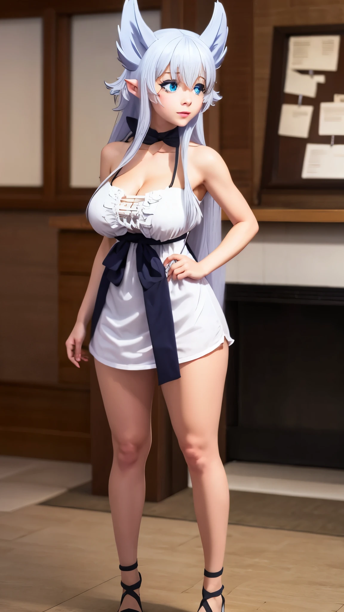 A sexy woman with big breasts with wolf ears white hair blue eyes top hairy tail white fagot with a black bow ribbon