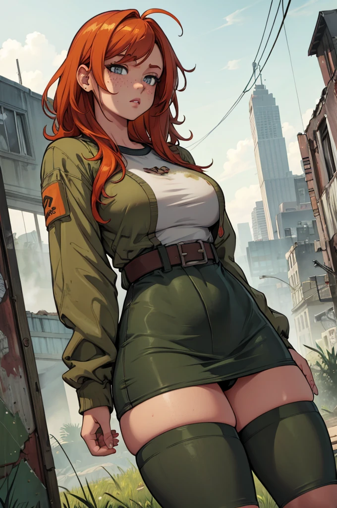 Cute ginger girl, thick, thick thighs, busty, freckles, summer clothes, apocalypse, dirty clothes, dirty face, messy hair, in a deserted run down town, misty weather, overgrown grass, broken windows, rubble, (highly detailed, high definition, clear image, detailed features)