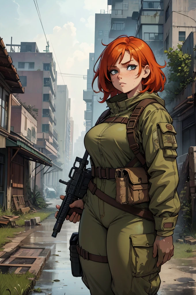 Cute ginger girl, thick, thick thighs, busty, freckles, survival gear, apocalypse, dirty clothes, dirty face, messy hair, in a deserted run down town, misty weather, overgrown grass, broken windows, rubble, (highly detailed, high definition, clear image, detailed features)