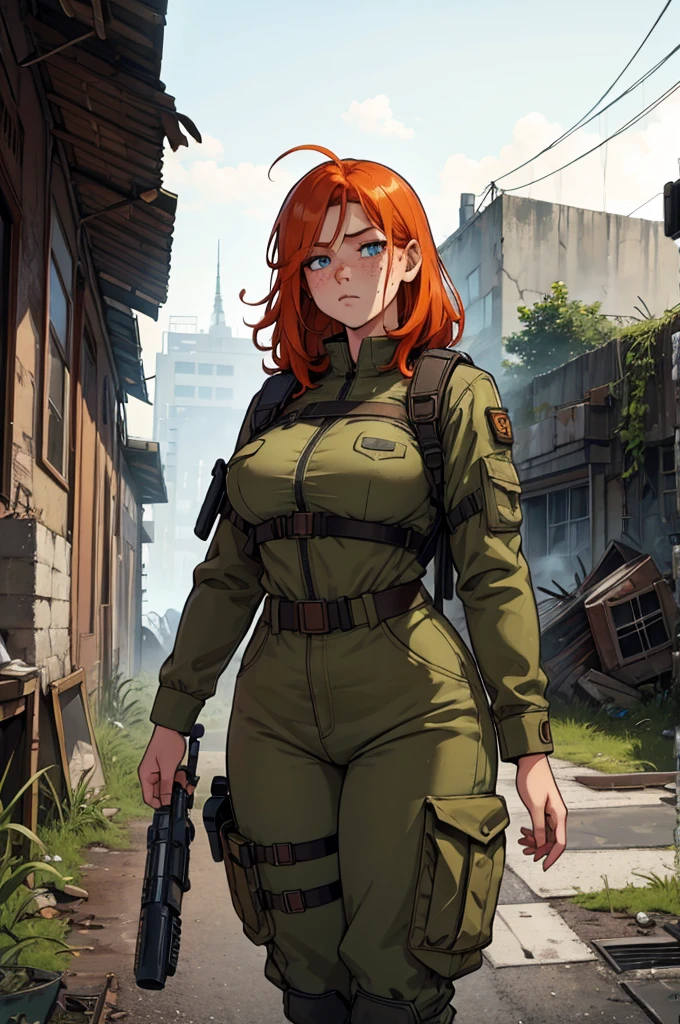 Cute ginger girl, thick, thick thighs, busty, freckles, survival gear, apocalypse, dirty clothes, dirty face, messy hair, in a deserted run down town, misty weather, overgrown grass, broken windows, rubble, (highly detailed, high definition, clear image, detailed features)