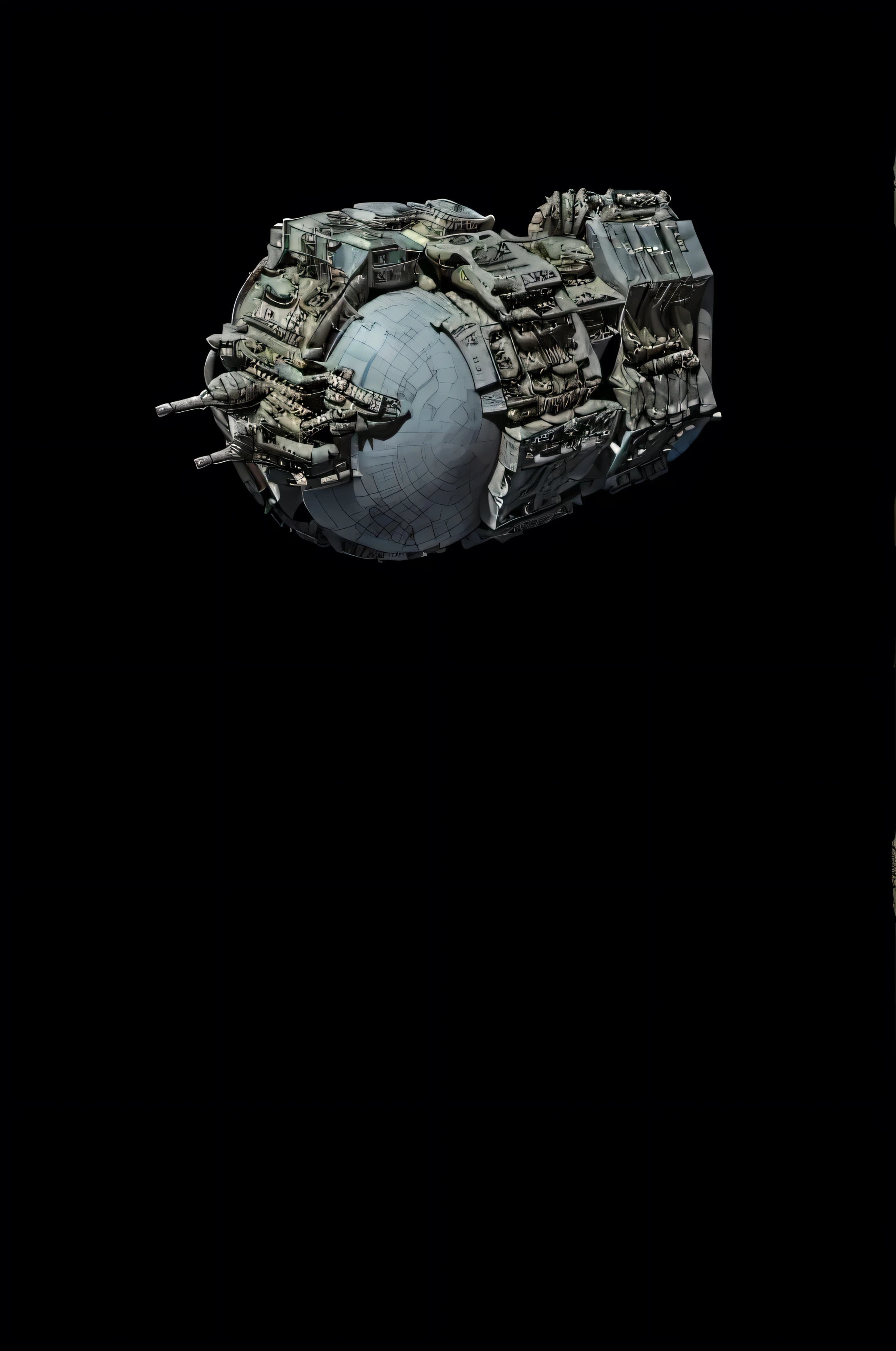 a battle moon space station surrounded by ship and space parts, masterpiece, best, photo realistic cinematic, hyper realistic battle moon, global space station fortress, industrial scrap around a space globe, truss segments, mechanical parts
