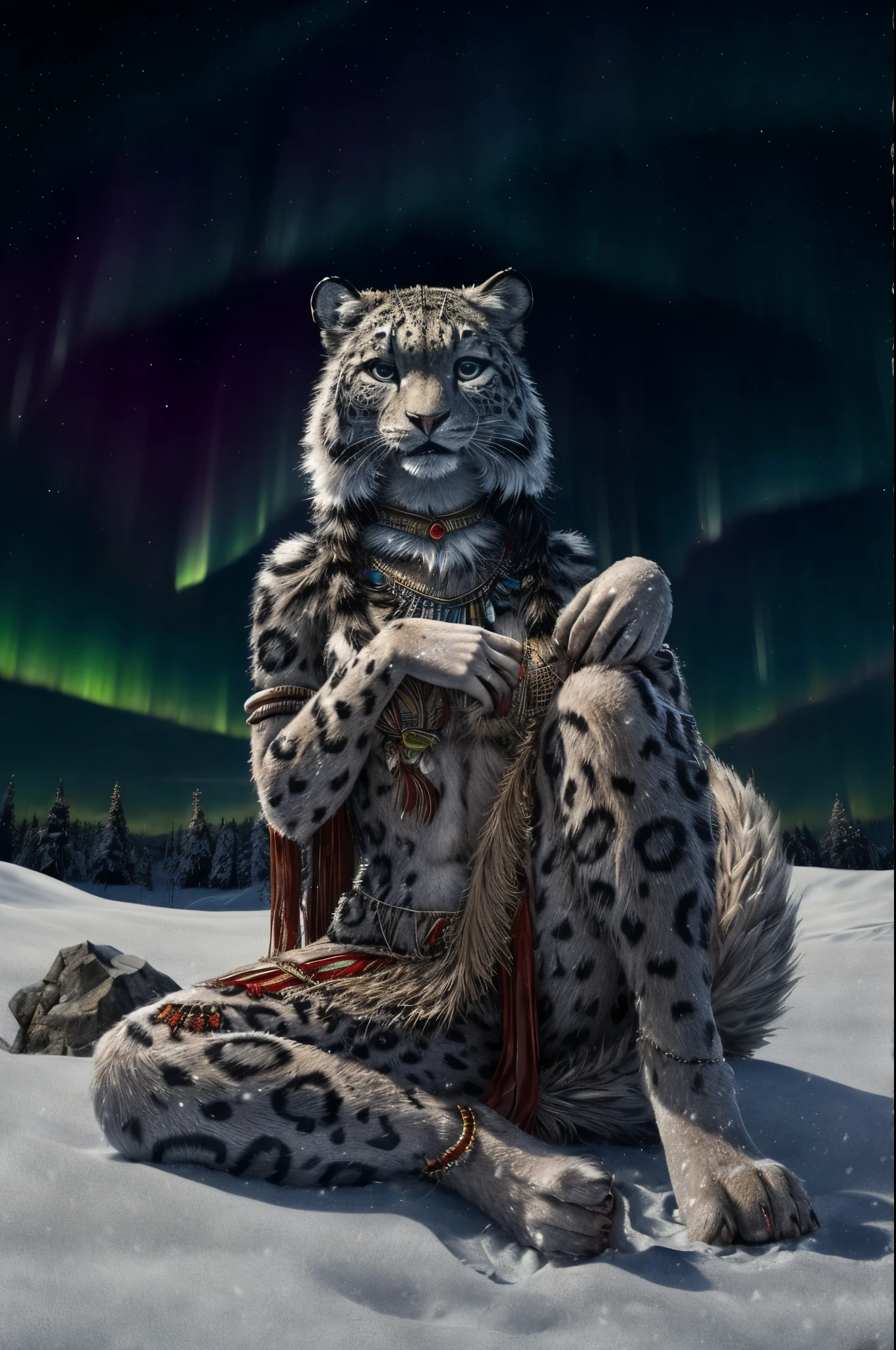 Snow Leopard, Humanity, furry, woman, woman, fur, detailed fur masterpiece, Highest quality, Digital Art, (Realistic:0.3), comics, Fine Lines, High resolution, Visually stunning (Detailed lighting, Depth of written boundary:0.9), Detailed Color, Vibrant colors, perfect hands, Fine hand (beautiful, cute, fluffy:1.2), Detailed body, Barefoot hairy character ,One girl,Person sitting barefoot in the snow, Nice legs, Soles and pads,Smiling Vagina Outdoors,nature, Tribal accessories, Tribal costume, Colorful aurora borealis,Night