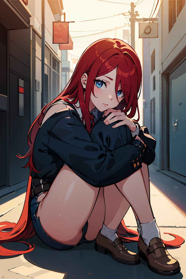 masterpiece, best quality, highly detailed background, perfect lighting, best quality, (extremely detailed face), volumetric lighting, intricate details, shadow, tonemapping, sharp focus, hyper detailed, trending on Artstation, (solo) ((Looking at the viewer)) (long red hair) (Hair over face) (only one eye visible) (curvy) (Big bewaar), ((Blue eyes)) ((human)) (sexy pose) (sad) (Sitting on the floor of an alley (hugging her knees) ((Big thighs))