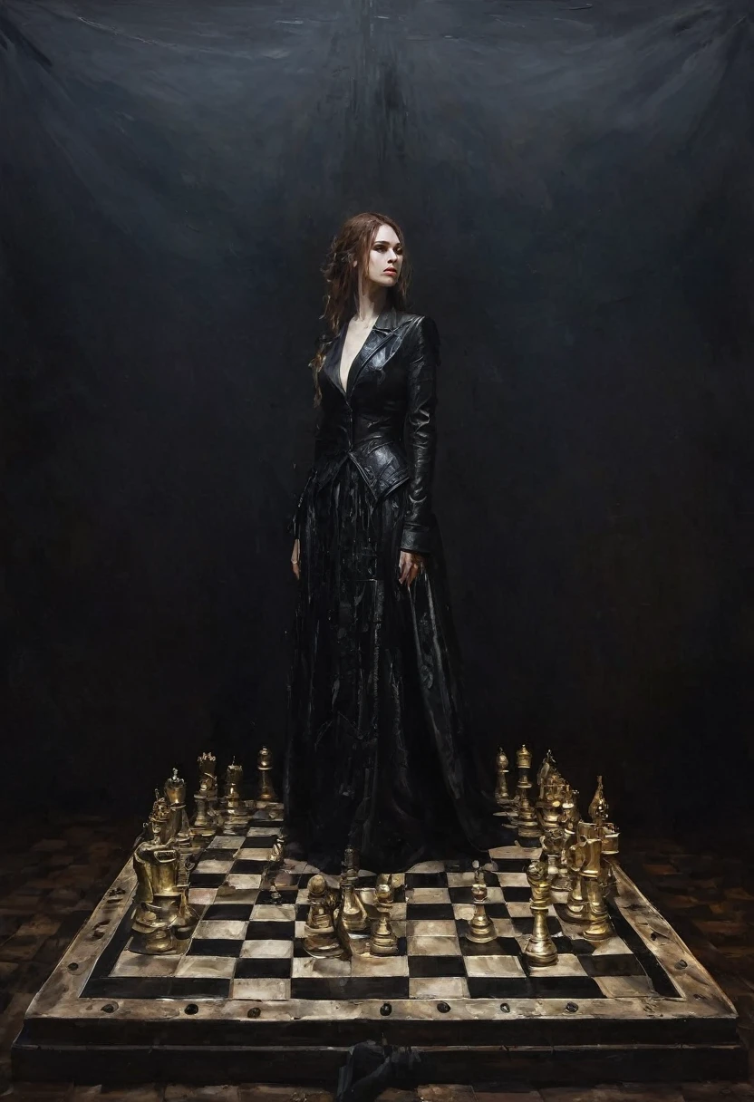 painting of a huge chessboard with human pieces, a female queen in black leather BDSM clothes with a whip on the board, Inspiration, cinematic scene, volumetric lights, ultra realistic, in the style of nicola samori