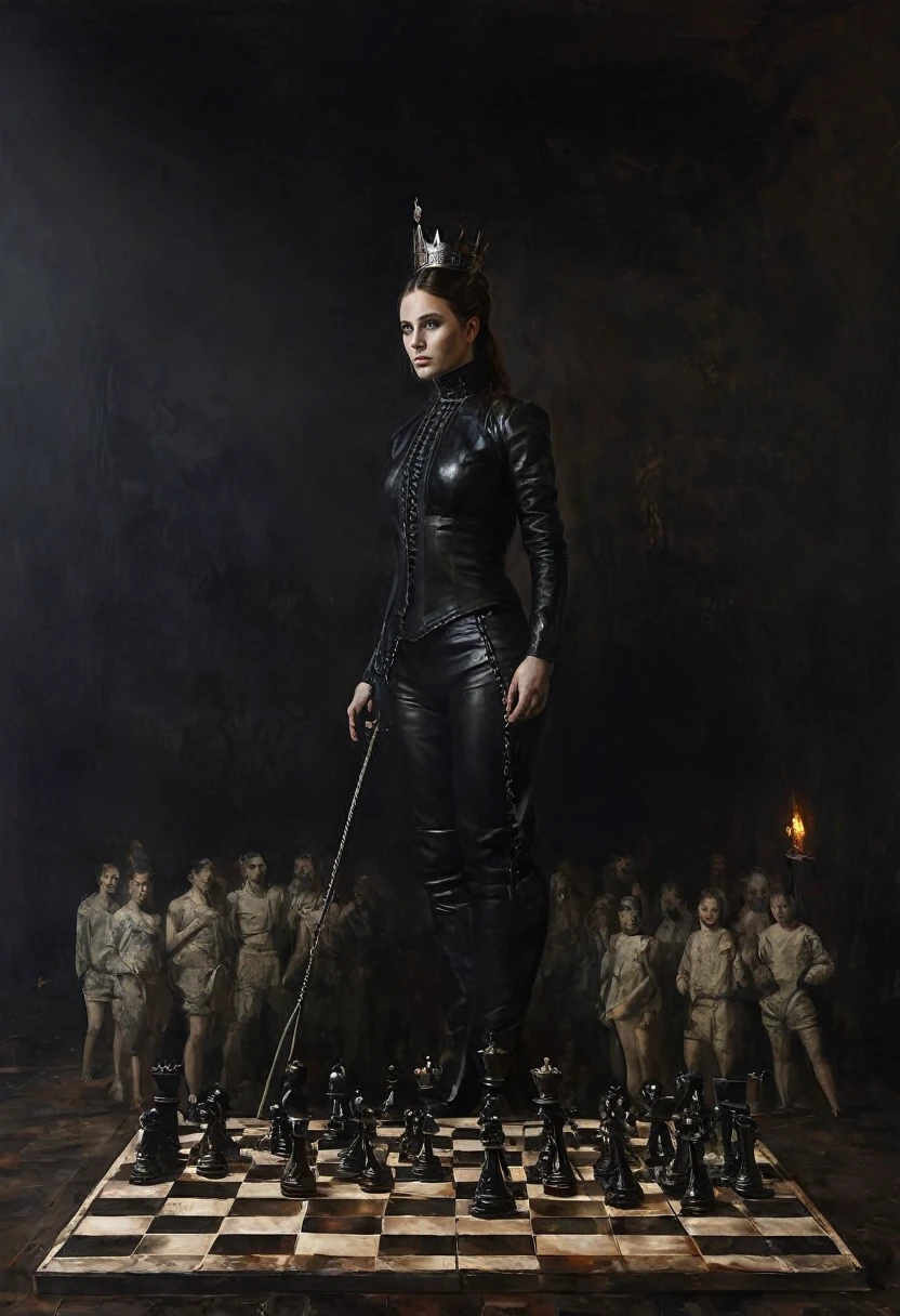 painting of a huge chessboard with human pieces, a female queen in black leather BDSM clothes with a whip on the board, Inspiration, cinematic scene, volumetric lights, ultra realistic, in the style of nicola samori