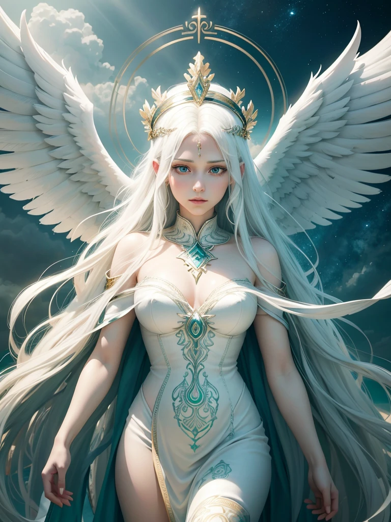 an albino angel with a beautiful slender Greek headdress, long white hair, light green eyes, busts large, illuminated sky background, ethereal, divine, angelic, glowing, serene, mystical, heavenly, 8k, hyperrealistic, photorealistic, hyper detailed, studio lighting, professional, vibrant colors, dramatic lighting, cinematic