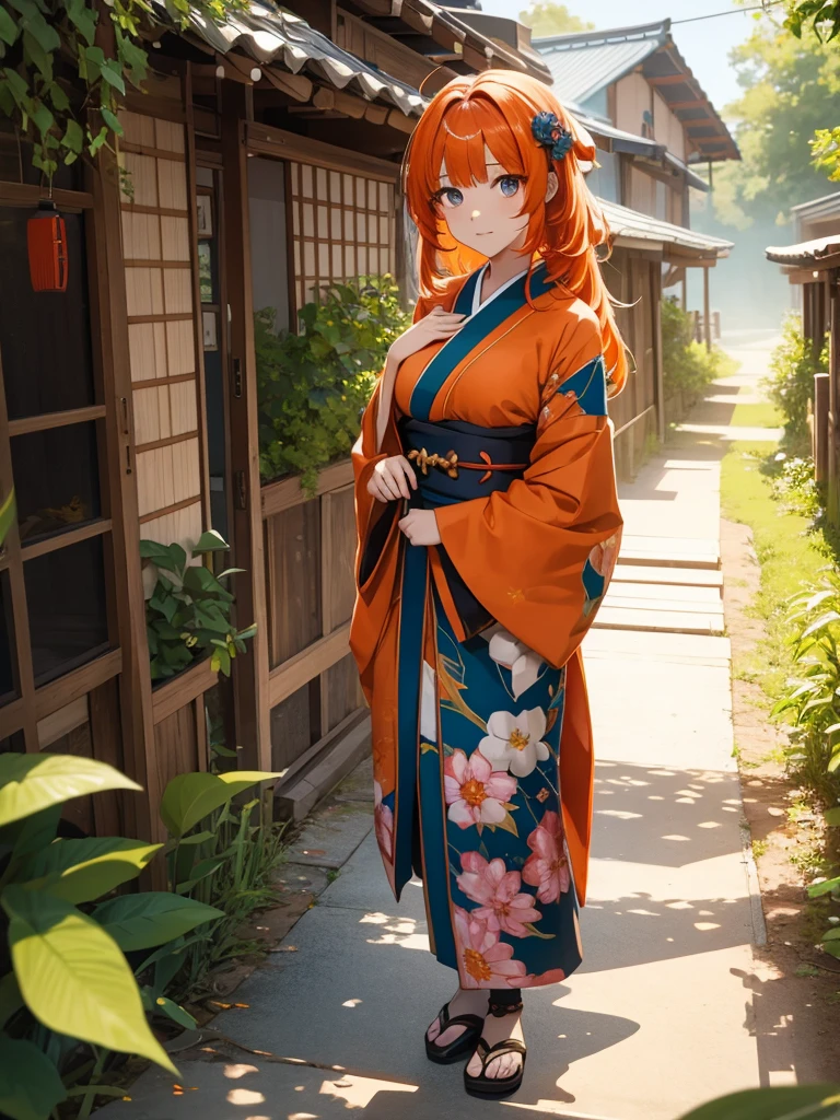 Nilou from Genshin impact game, 1girl, wearing a long Japanese kimono, at a village , orange colour hair, 8k, high detailed, high quality, full body