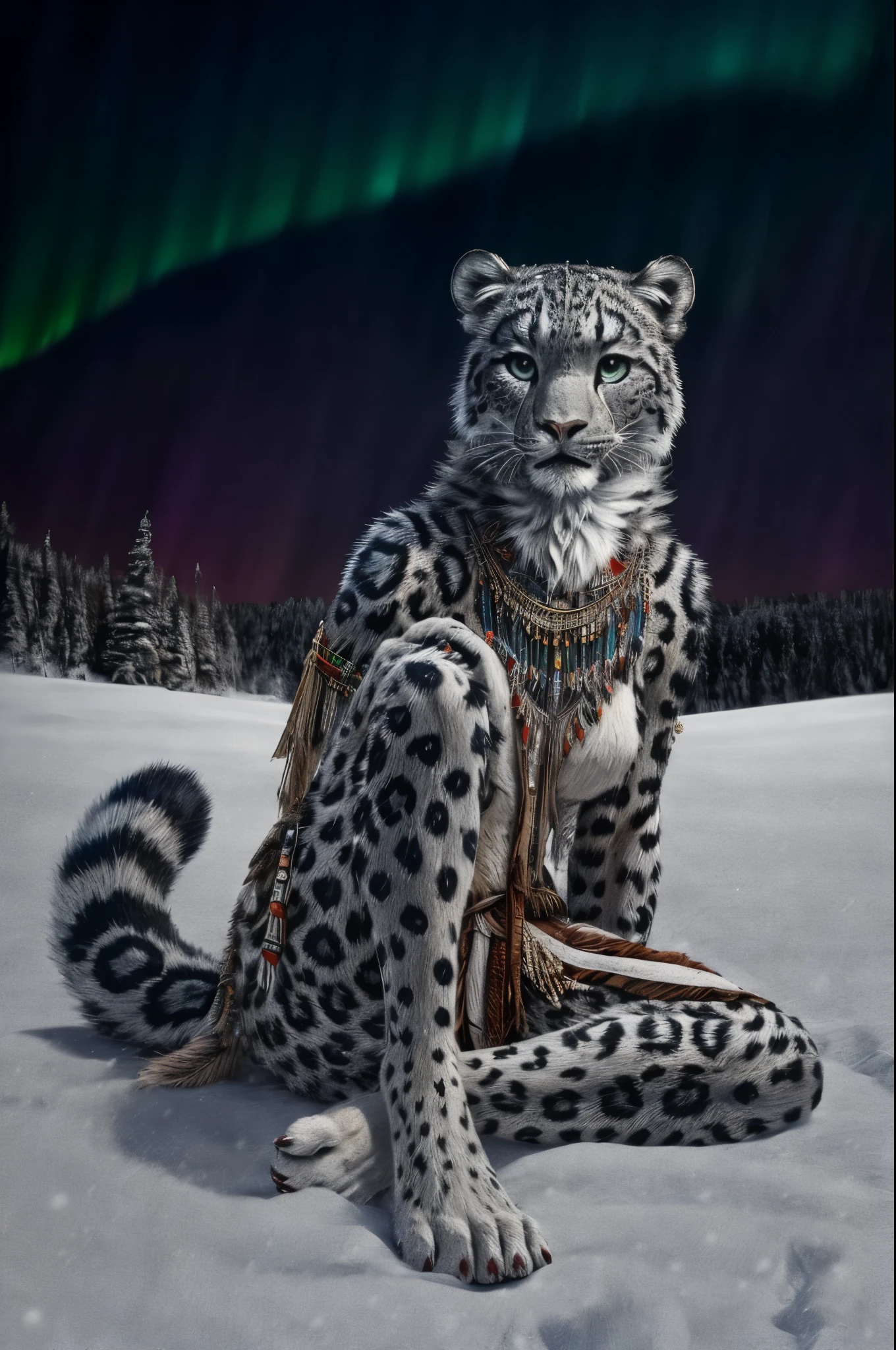 Snow Leopard, Humanity, furry, woman, woman, fur, detailed fur masterpiece, Highest quality, Digital Art, (Realistic:0.3), comics, Fine Lines, High resolution, Visually stunning (Detailed lighting, Depth of written boundary:0.9), Detailed Color, Vibrant colors, perfect hands, Fine hand (beautiful, cute, fluffy:1.2), Detailed body, Barefoot hairy character ,One girl,Person sitting barefoot in the snow, Nice legs, Soles and pads,smile,nature, Tribal accessories, Tribal costume, Colorful aurora borealis,Night
