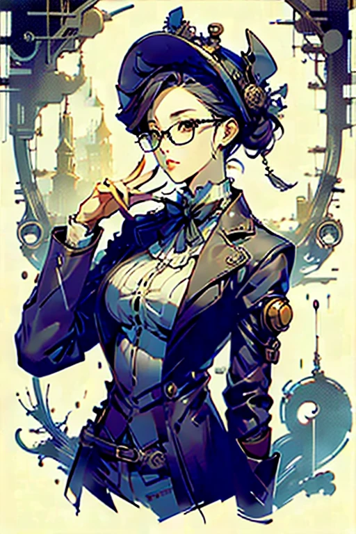 Highest quality、masterpiece、High sensitivity、High resolution、Detailed Description、Slender women、Glasses、steampunk、