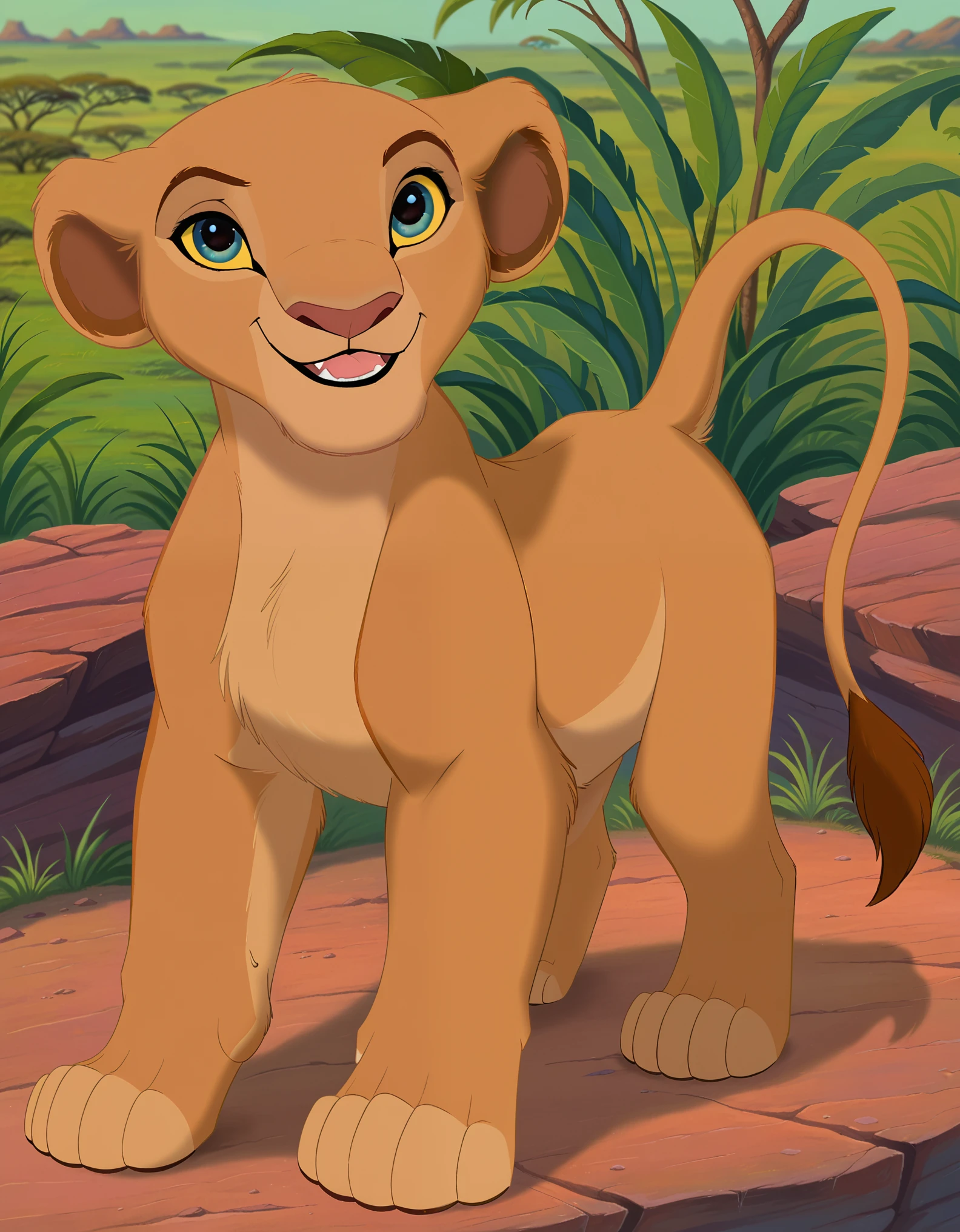 disney, (the lion king:1.2), lioness, (young nala), nala, feral, cartoon, smile, parted lips, blue eyes, yellow sclera, standing, solo, cute, feral, (4 toes), paws, (blue eyes:1.2), (lidded eyes:1.0), cub, (smile:0.3), open mouth, fang, white teeth, playful, looking at viewer, (dewclaw:0.5),, bedroom eyes, raised tail, solo