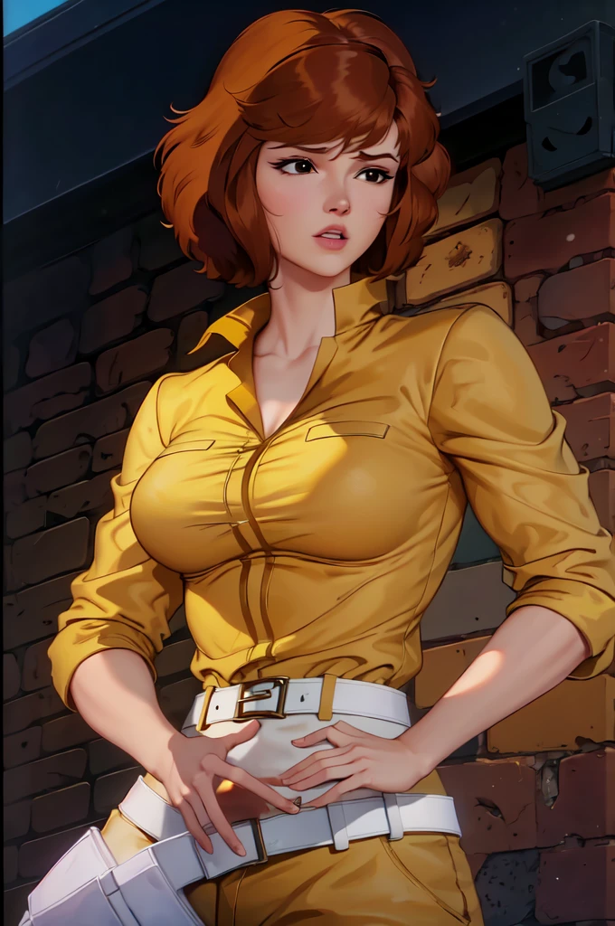 absurdres, april o'neil, 1girl, short brown hair, black eyes, upper body, yellow jumpsuit, sleeves rolled up, white belt 