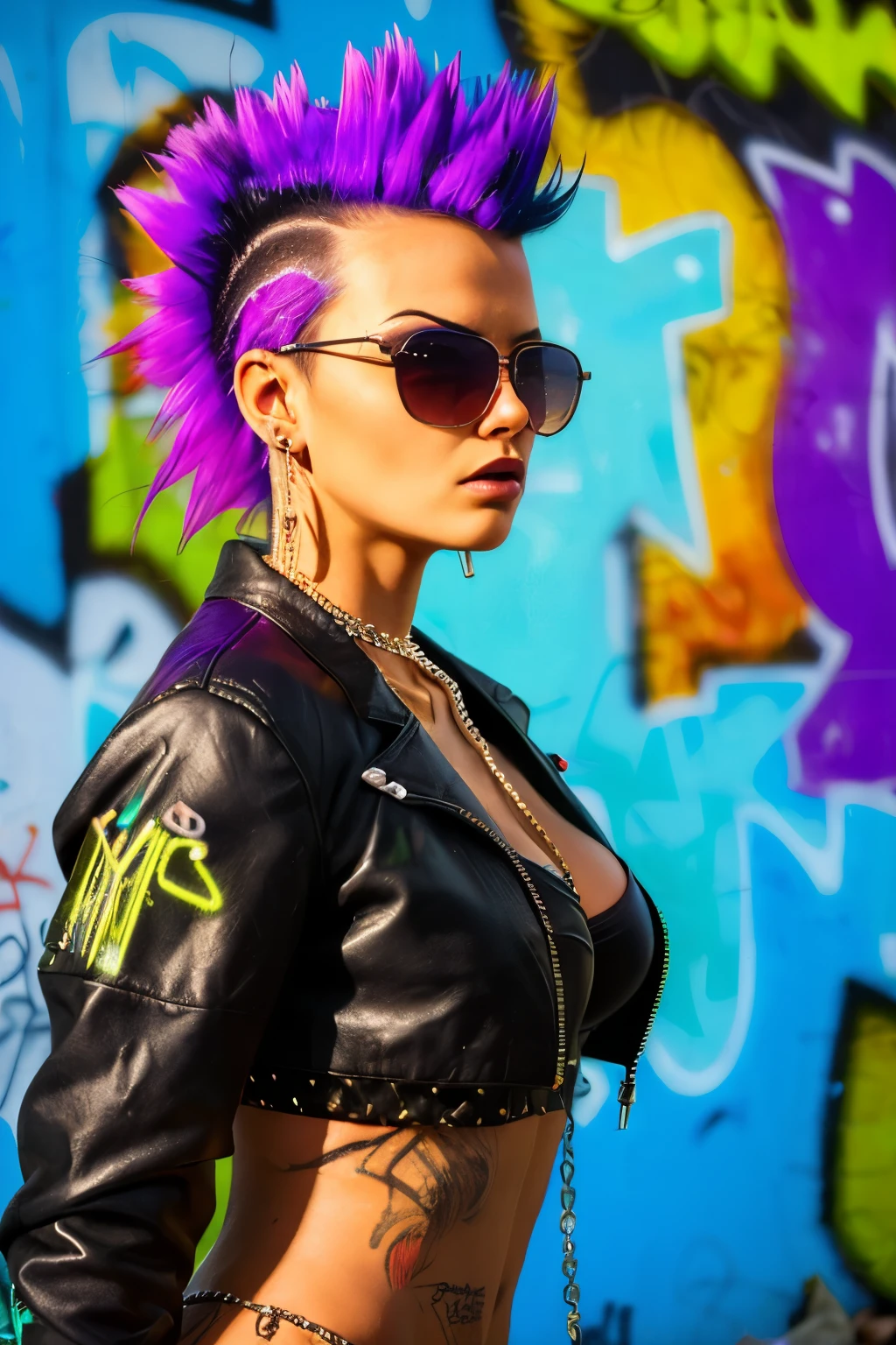 (Artwork, best quality:1.2), 1 girl , ((side view)) , ((hyperrealistic:1.4)), realistic, intrincately detailed, "Punk Girl", in dynamic sensual pose, sexy, hot,  ((spiky mohawk hair, Black punk hair, angry face, wearing a black jacket, chains, sunglasses. Rocket style, tattooed girl , hot body, abs, bikini boobs) . (((Realistic skin, skin Textures, glowing skin, detailed eyes, realistic eyes))), Shallow depth of field, vignette, highy detailed, high budget, bokeh, cinemascope, temperamental, epic, marvelous, film grain, grainy. ((Abandoned Graffiti Wall Background, garbage,  cinematic lighting )).