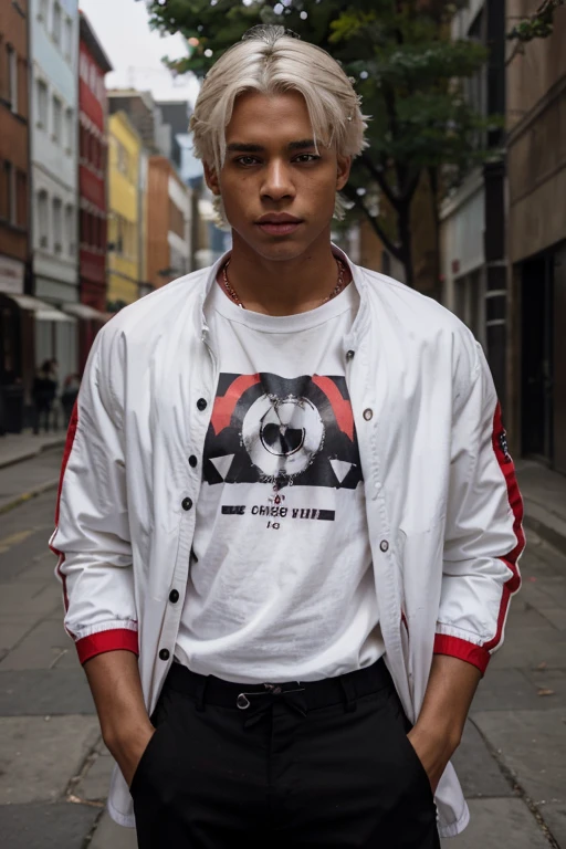 Brown skin, white hair, red t-shirt, black pants, black jacket, red eyes, young male