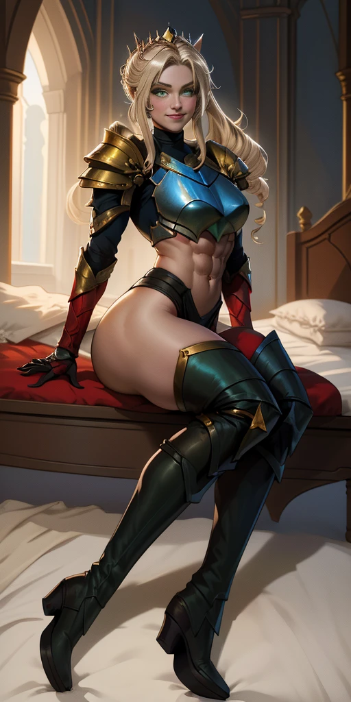 Lancer Artoria body (Alexis Texas Face), elegant adult female, blonde, green eyes (yellow eyelashes) crown, turtleneck, full body sitting on a bench, showing ass to me, RED breastplate, RED skin (1SologirlRED skin:1.2), looking at viewer, shiny, armor, thigh highs, high boots, pauldrons shoulder armor, faulds, poleyn, RED gloves gauntlets, rerebrace, RED military armored boots, yordle muscular lean platinum blonde long twin tails hairstyle at the bedroom lustful smirking smile face red blushed, blush, strong abs, female body builder, tiara, twin drills hair, (masterpiece, best quality, ultra detailed, best shadow)