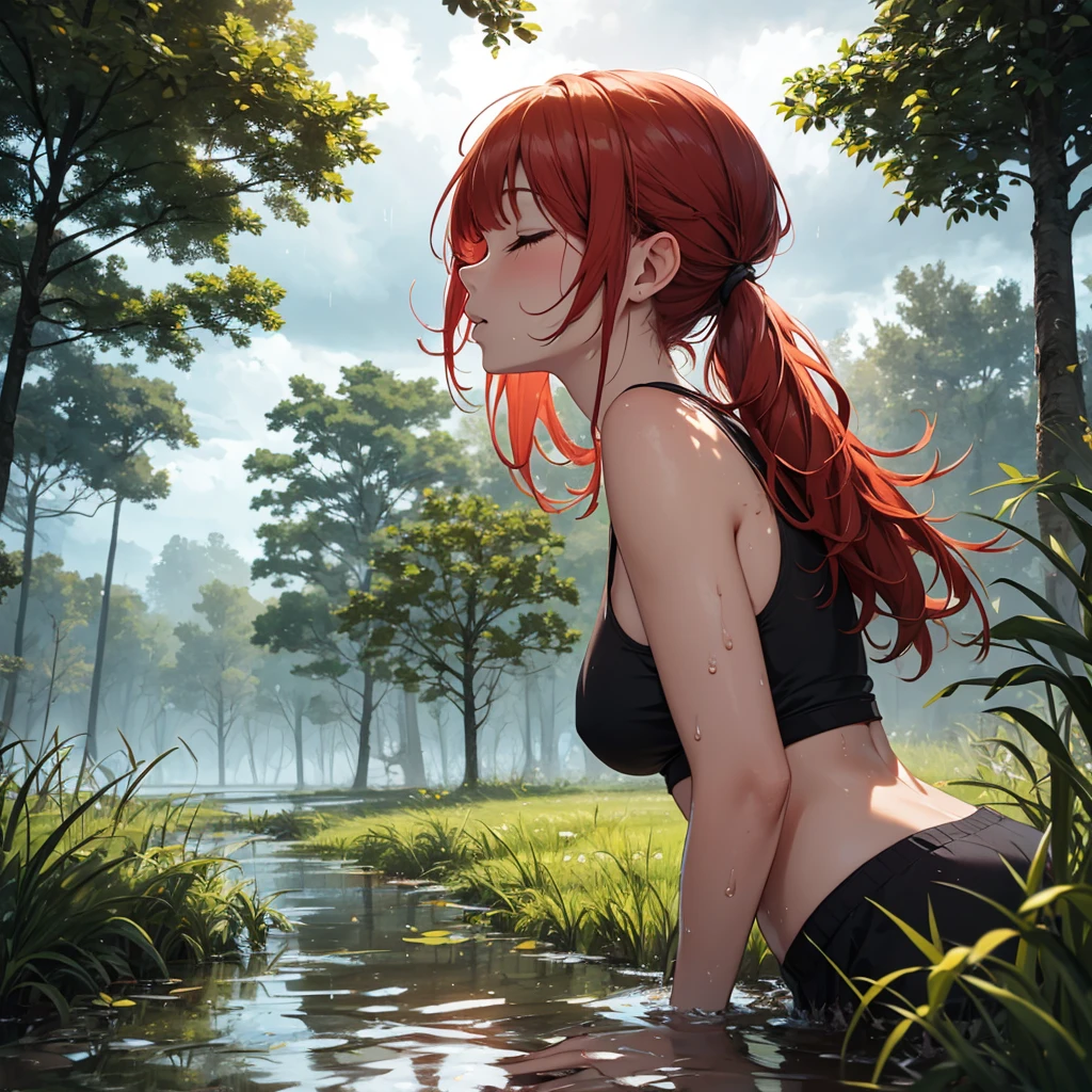 Ginger girl drowned in mud, bog, grass, trees, muck, orgasm, looking up, eyes closed, mouth open, stormy weather, Solo, From Side, wearing tank top, red hair in ponytail, 