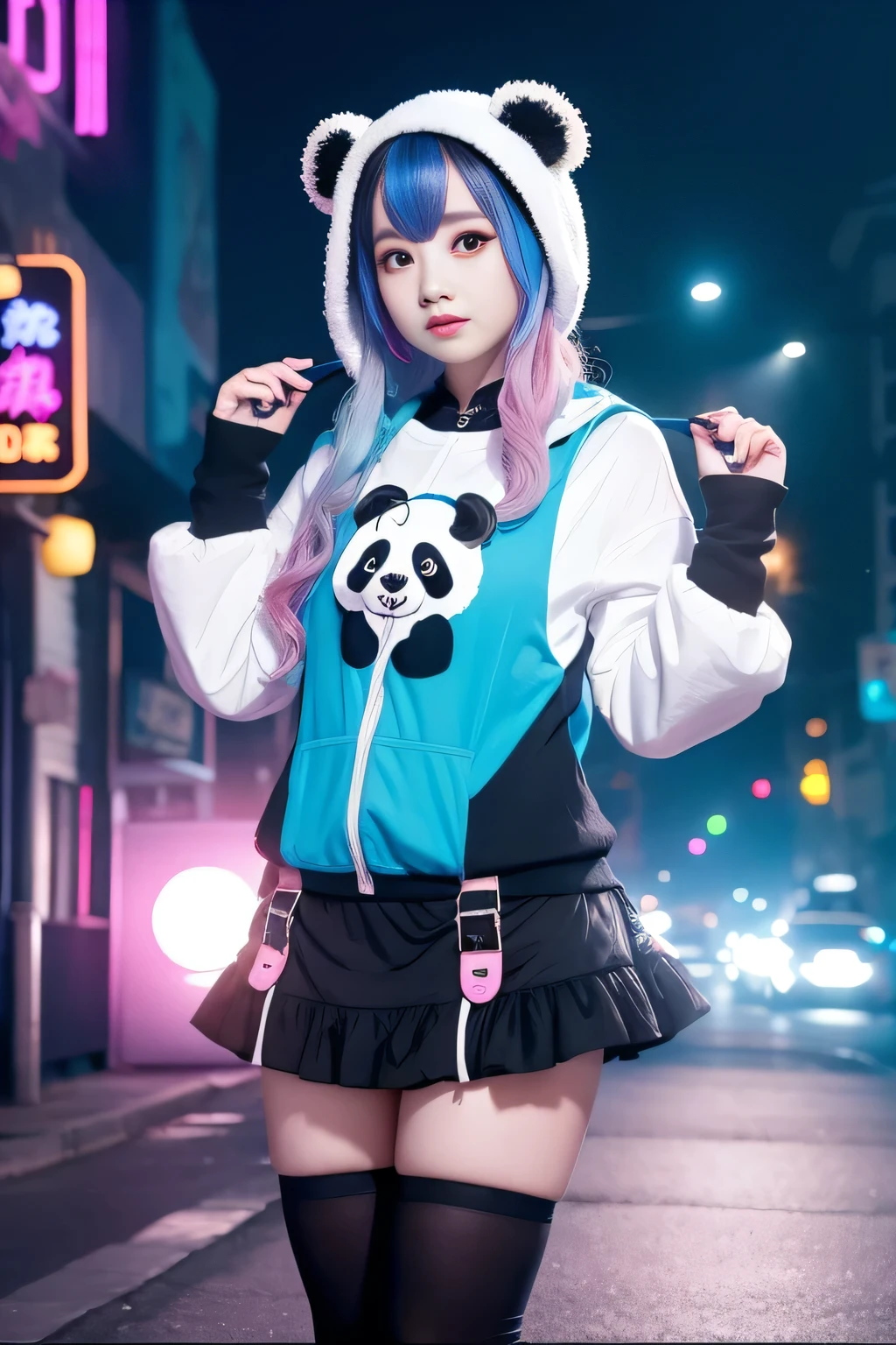 Female idol covered in pandas、Whole Body Ezbian、Panda-clad steampunk fashion(fluorescent blue and pink)、Illuminate、Colorful Hair、