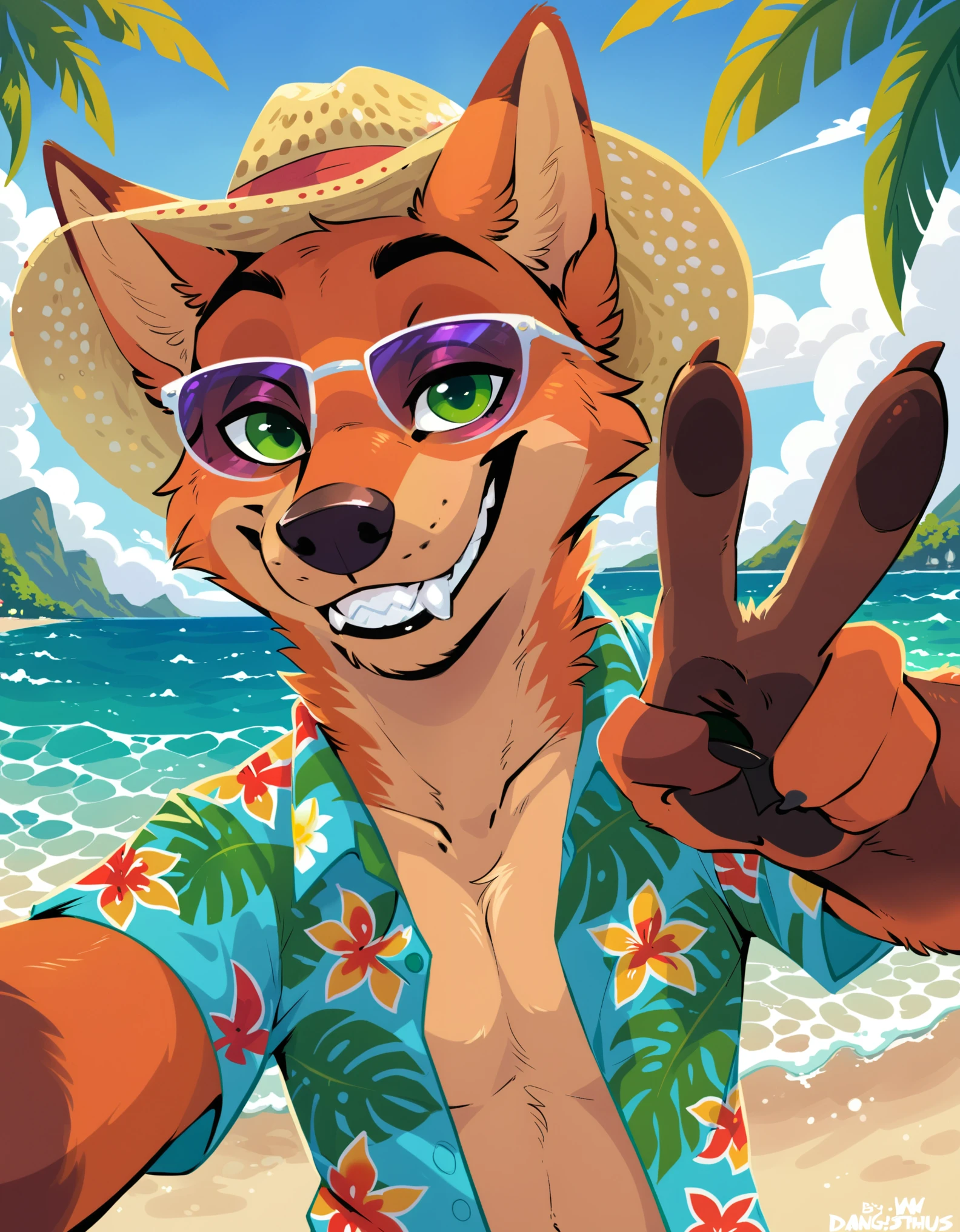 solo nick wilde, bedroom eyes, sunglasses, straw hat, aloha shirt, green eyes, portrait, selfie, smile, teeth, v sign, BREAK, by Danji-Isthmus, by Dangpa, by M.W. Kaluta, island, town, summer day, beach, plant, water