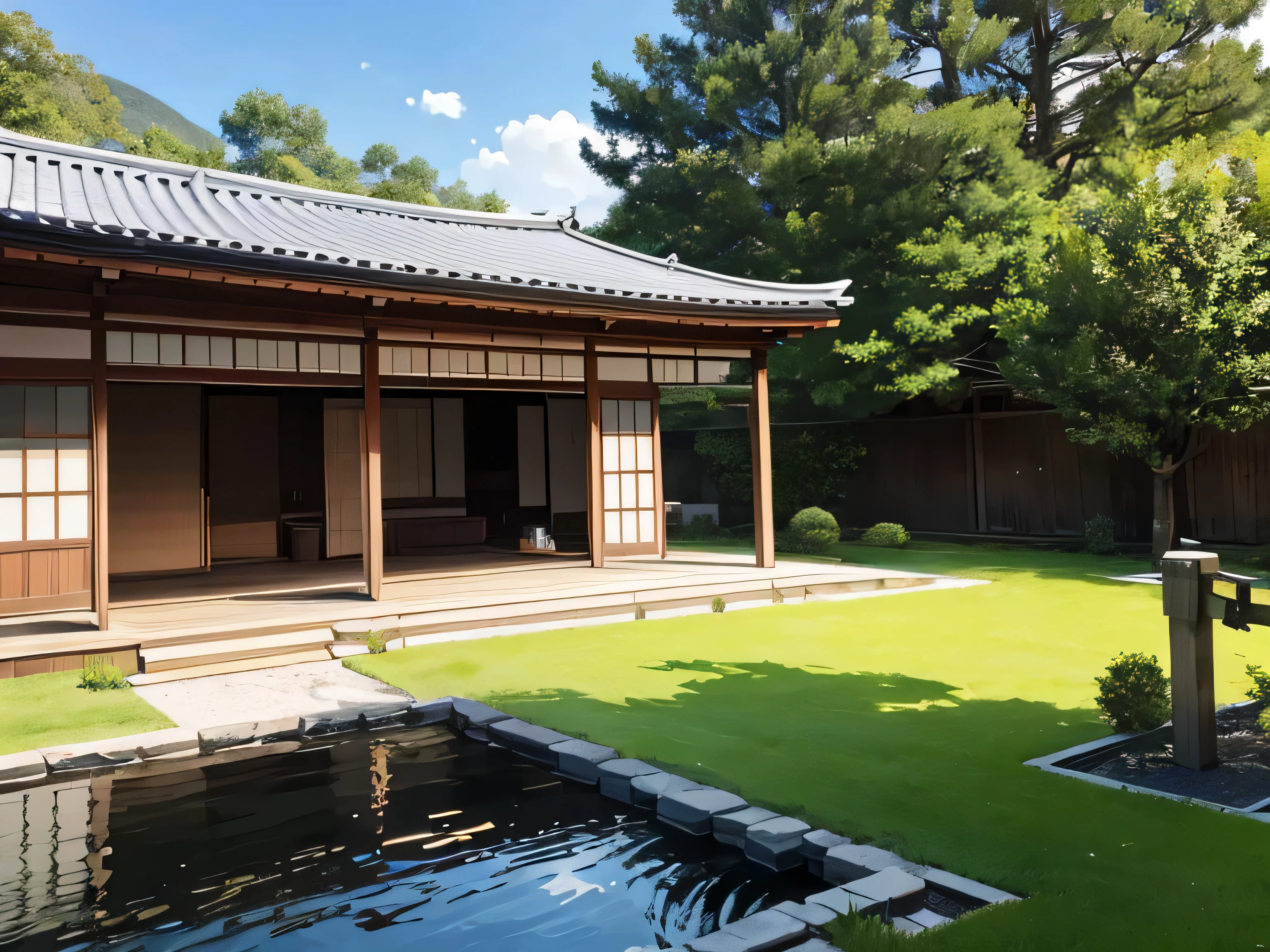 scenery of a traditional dojo with a lawn around it and a tiny lake
