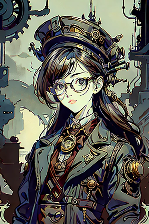 Highest quality、masterpiece、High sensitivity、High resolution、Detailed Description、Slender women、Glasses、steampunk、