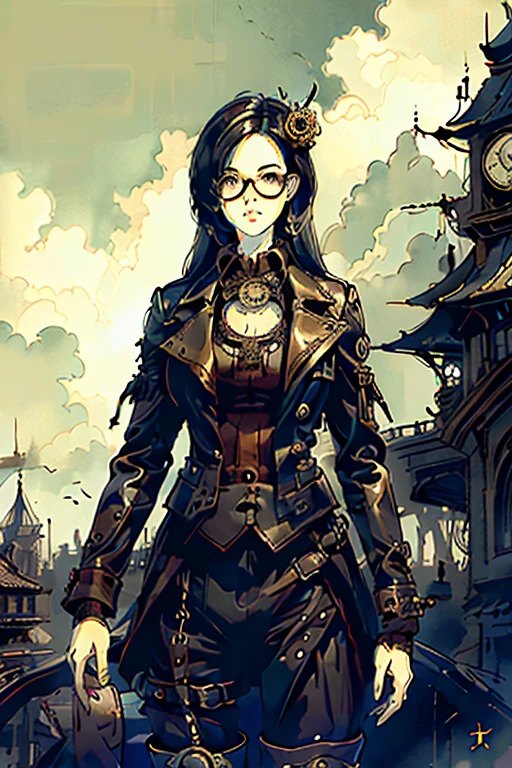 Highest quality、masterpiece、High sensitivity、High resolution、Detailed Description、Slender women、Glasses、steampunk、