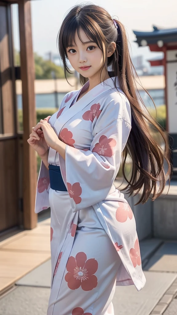 ((A beautiful Japanese girl is wearing a cute yukata:1.4)), (((A single photo:1.))), (8k, RAW Photos, Highest quality, masterpiece:1.2), Looking at the audience, Viewed from the front, Beautiful white skin, knees, Absurd face is small, Part your bangs down the middle, The forehead is visible, Glare, ((Cute and mischievous face:1.3)), Ultra-high resolution, ((Naked figure:1.3)), ((Slender body line)), (Outstanding proportions), high school girl, (Idolフェイス, :1.65), Japanese women, Are standing, (Photorealistic:1.37), Photon Mapping, Realistic, Cute and small face, Brown eyes, prospect, Written boundary depth, Blurred Background, (I can see the bangs), Silky smooth hair, (Firm stomach:1.3), (Beautiful and slim thighs:1.4), Small beautiful butt, (Curved waist), thigh, Nogizaka idol, Idol, (Detailed hands:1.4, Accurate hands:1.4, Beautiful little hands of a girl:1.3), (Firm and beautiful breasts:1.3), Super quality, Low people, (Clear white skin, Skin with visible pores:1.2), (Focus on the face), Check and correct the garment construction, (Perfect Anatomy:1.4), (Detailed eyes and face:1.3, Professional photography techniques), (Detailed arms and legs:1.4), (Gaze at the viewer, blush:1.3)
