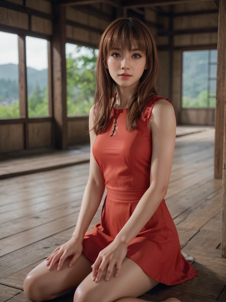 Kasumi, brown eyes, (best quality, ultra-detailed), (realistic:1.37), beautiful and detailed face, ultra-realistic texture, delicate face, delicate body, red lipstick, bright colors. High definition, 8K. expression with a slight sweet smile