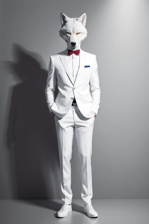 Bipedal wolf in white suit