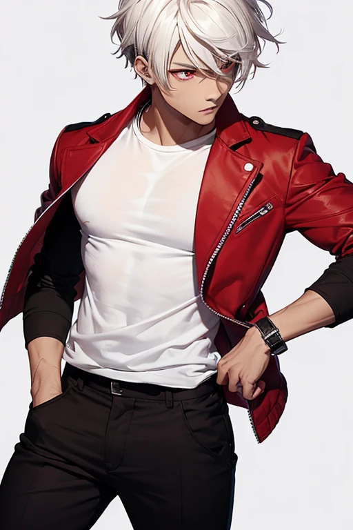 Brown skin, white hair, red t-shirt, black pants, black jacket, red eyes, young male